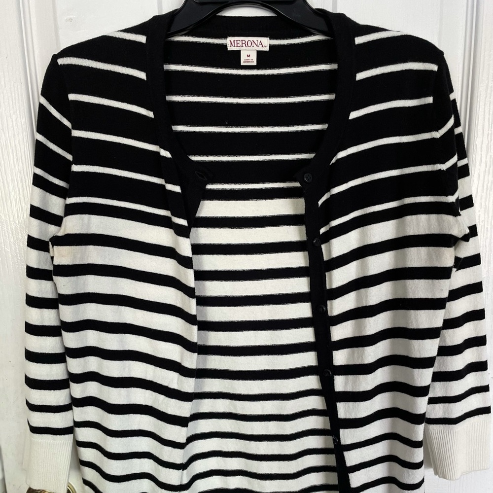 Merona Black and White Striped Cardigan Medium